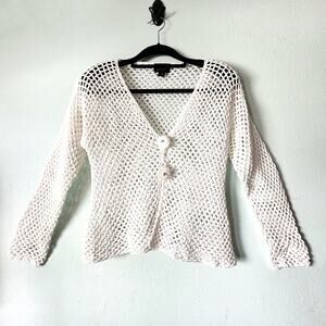 Pure Handknits Cotton Open Crochet Cardigan Sweater Rhinestone Buttons S/M Artsy